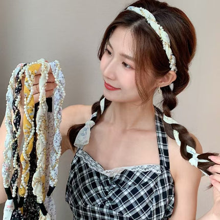Sweet Floral Pearl Long Strap Hair Band Headband Summer New Sweet Tie Hair One-piece Pressure Hair Headband Women