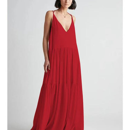 2024 Women's Loose Solid Color Pleated Irregular dress Beach Strap Long Dress