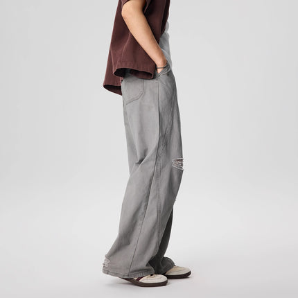 Jiamu American Retro Washed Vintage Trendy Loose Straight Slim Casual Ripped Wide-Leg Unisex Long Pants for Men and Women