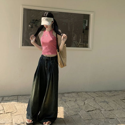 American Design Retro Jeans for Women Spring High-Waisted Slimming Loose Wide-Leg Pants Floor-Length Pants