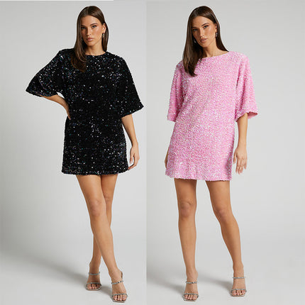 European and American cross-border autumn and winter New velvet sequins fashion elegant back V-neck backless short sleeve dress