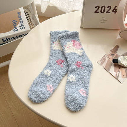 Autumn and Winter Coral Fleece Socks Women's Hair-free Flower Butterfly Floor Socks Thickened Warm Home Sleep Socks