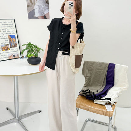 Relaxed High-Waisted Thin Linen Wide-Leg Pants for Women 2025 Summer New Drawstring Slimming Straight Casual Floor-Length Pants