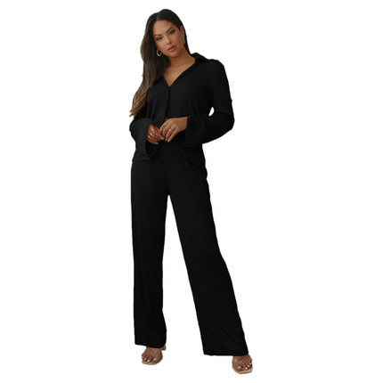 9905 Cross-border Europe and America Amazon V-neck Knitted Shirt Casual Women's Straight Pants Autumn and Winter Commuter Two-piece Set