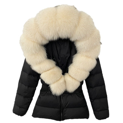 25 New Foreign Trade Hot Style Short Women's Real Fox Fur Collar down Jacket Thickened Slim Waist Fur down Jacket