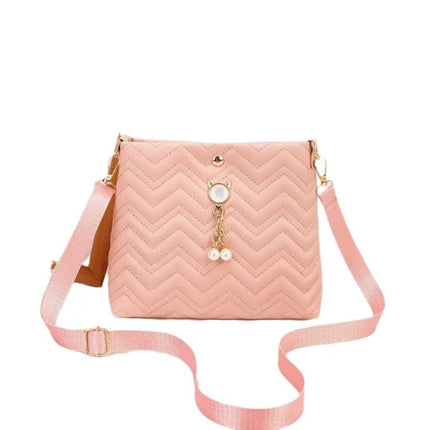 Korean Fashion Wave Stripe Quilted Cat Pearl Pendant Decorative Simple Ladies Crossbody Bag Cross-border Wholesale Bag