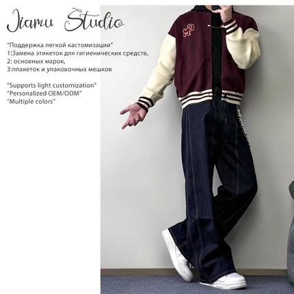 JIAMU Spring and Summer American Style High Street Baggy jeans Wide Leg Jeans Unisex Loose Slimming Unisex Scimitar Pants