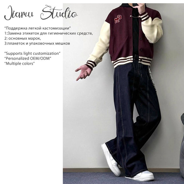 JIAMU Spring and Summer American Style High Street Baggy jeans Wide Leg Jeans Unisex Loose Slimming Unisex Scimitar Pants