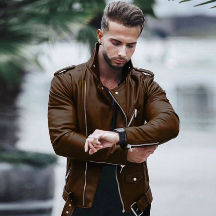 New Autumn and Winter European and American Men's Leather Jacket, Large Size, Fashionable Slim-Fit Leather Coat for Export on Wish and Aliexpress