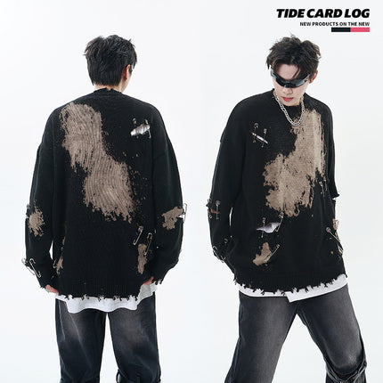TIDE CARD LOG | Autumn and winter high street fashionable design faded pin ripped couple round neck loose sweater