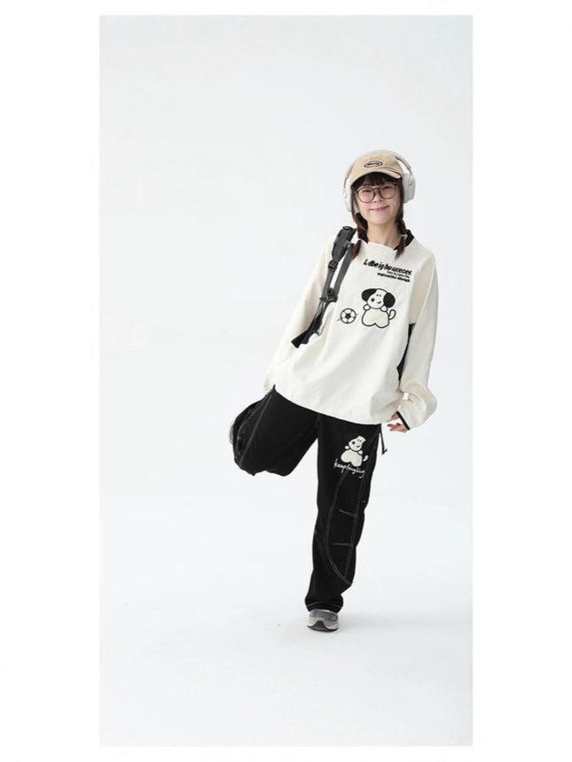 Autumn Waffle Puppy Embroidered T-Shirt Ball Clothes Women's Japanese Style Retro Preppy Style Casual Sports Long-Sleeved Tops