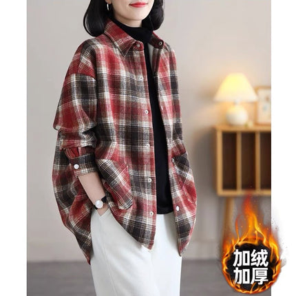 Vintage Plaid Coat Shirt Women's Loose Fashion Western Style Slim fleece-lined Thickened Scrub Lapel Cardigan Top