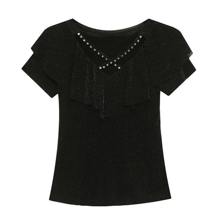 Real Shot Summer New Style Mesh Short Sleeve Chic V-Neck Cross Hollow Nail Drill plus size Women's Fashion Western Style Top T