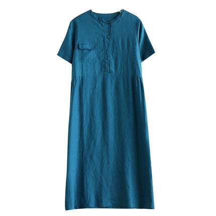 2025 Summer New Japanese Artistic Short-sleeved Cotton and Linen dress Women's Loose Slimming Solid Color Round Neck Long Skirt