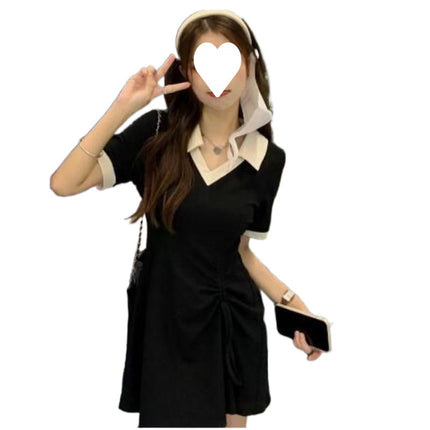 Green Collar Drawstring Dress Summer Women's Design Niche Slim Waist Slimming Casual Shirt Skirt