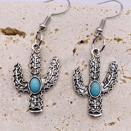 Cross-border new Cactus earrings retro ethnic style concave-convex turquoise flower pendant personalized distressed earrings