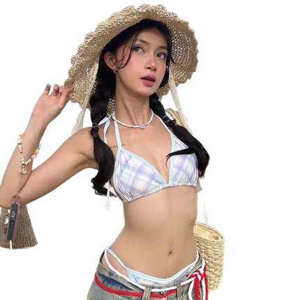 Swimsuit Feminine Plaid Bikini Split Triangle Pure Lust Style Sweet and Cute Strap Resort Hot Spring Swimsuit for Women