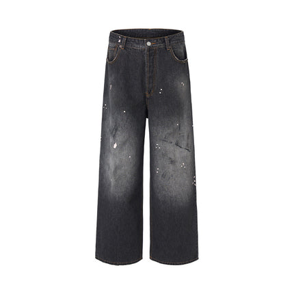 Jiamu Splash-Ink Dirty-Dyed American Baggy Jeans Jeans for Men and Women Straight-Leg Loose Wide-Leg Neutral Draped