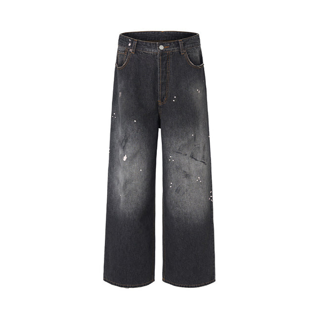 Jiamu Splash-Ink Dirty-Dyed American Baggy Jeans Jeans for Men and Women Straight-Leg Loose Wide-Leg Neutral Draped