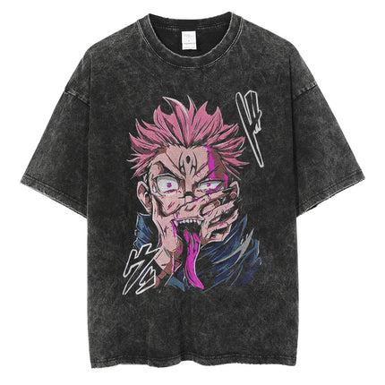 Huge Anime Flat Print Couple T-Shirt Washed Black Streetwear