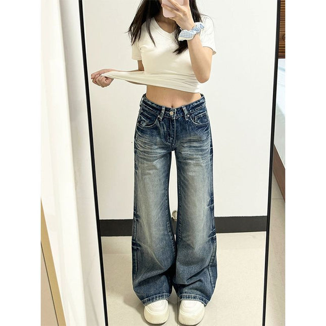 High-Waisted Slimming Jeans for Women 2025, Petite Floor-Length Wide-Leg Pants, Retro Blue