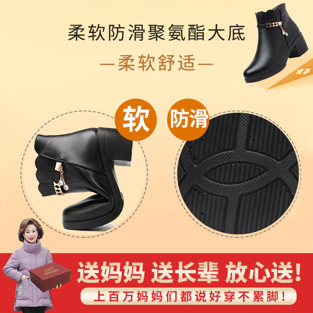 Mother Shoes Thick Heel Cotton Shoes Winter fleece-lined Middle-aged and Elderly Winter Shoes Middle-aged Women's Shoes Warm Short Boots Autumn and Winter Non-slip Leather Shoes