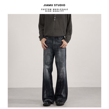 Jiamu American High Street Flame Pattern Baggy Jeans Jeans for Men and Women Loose Wide Legs Unisex Slightly Straight