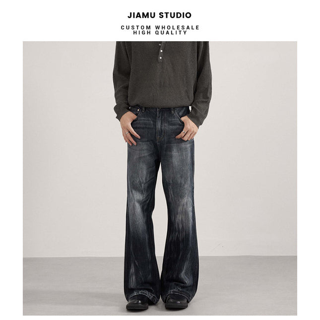 Jiamu American High Street Flame Pattern Baggy Jeans Jeans for Men and Women Loose Wide Legs Unisex Slightly Straight