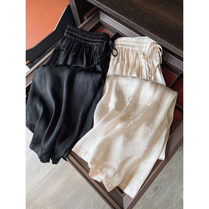 High-End Surplus Satin Drape Acetate Wide-Leg Pants for Women, Loose White Jacquard Straight-Leg Ice Silk Trousers