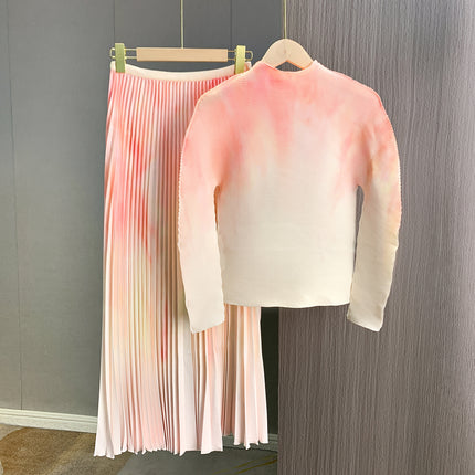 Gradient Print Stylish Age-Reducing Long-Sleeve Top Two-Piece Set European and American Export Pleated Slim-Fit Slimming Pleated Skirt