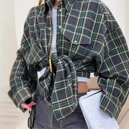 2024 Spring and Autumn Amazon OZON Cross-border Retro Style All-match Loose Shirt * Fashion All-match Plaid Shirt Women