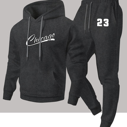 Cross-Border Autumn and Winter Men's Fashion Casual Two-Piece Set, Chicago Heat-Printed Hooded Sweatshirt and Sweatpants Set