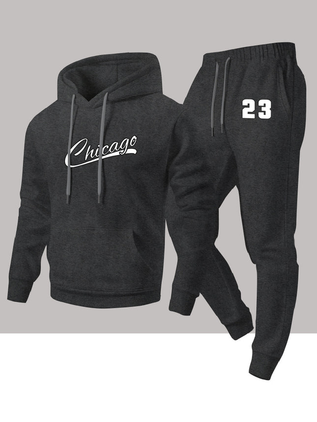 Cross-Border Autumn and Winter Men's Fashion Casual Two-Piece Set, Chicago Heat-Printed Hooded Sweatshirt and Sweatpants Set