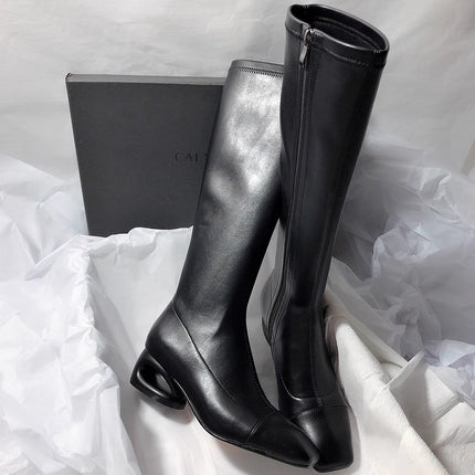 Minimalist Style ~ Small Square Toe Thick Heel Boots for Women, No More Than Knee Soft Leather Boots for Women, Simple White High Boots for Women