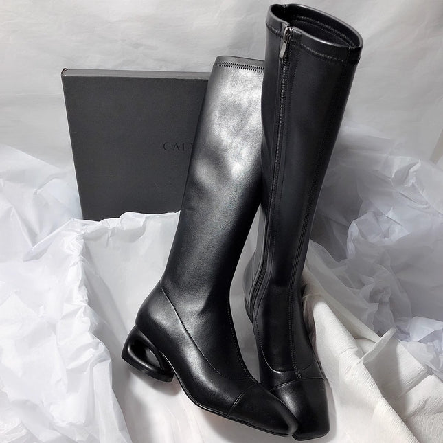 Minimalist Style ~ Small Square Toe Thick Heel Boots for Women, No More Than Knee Soft Leather Boots for Women, Simple White High Boots for Women