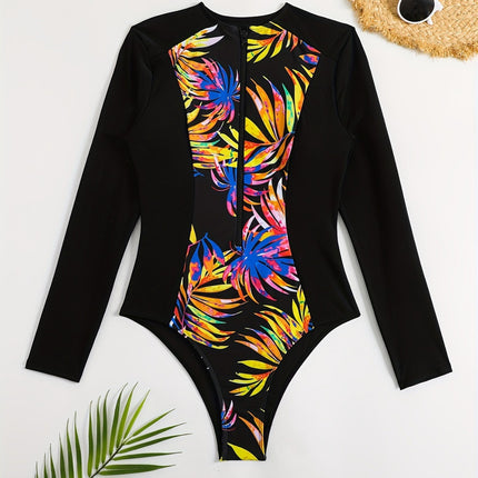 European and American New Cross-Border Sexy One-Piece Hot Spring Surfing Diving Zipper Long-Sleeved Belly-Covering Slimming Printed Swimsuit for Women