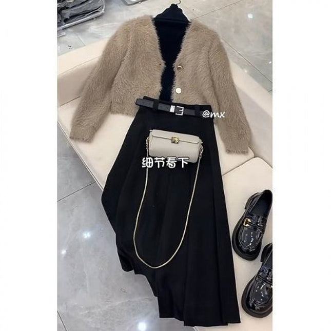 Winter Chanel Style Wear a Set of Women's 2024 New Korean Style Cardigan All-match Base Shirt Skirt Three-piece Set
