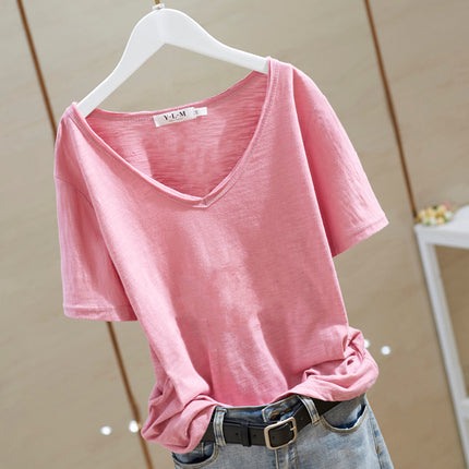 V-neck T-shirt Women's Cotton 2025 White Cartoon Short-sleeved regular Loose Printed Commuting Solid Color Base Shirt Trendy