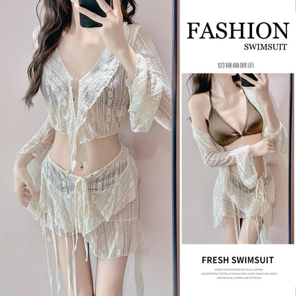 Hot Spring Swimsuit Women's Lace Fungus Top Asymmetrical Chiffon Skirt Bikini Four-Piece Set French Pure Lust Style