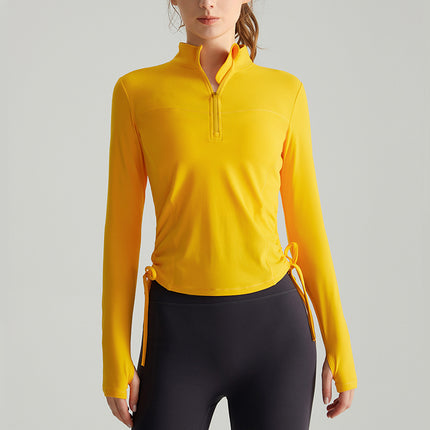Chuanton Long-Sleeved Fitness Clothing Tops for Women Half-Zip Stand-Up Collar Drawstring Pleated Slim Outer Wear Sports Yoga Clothing