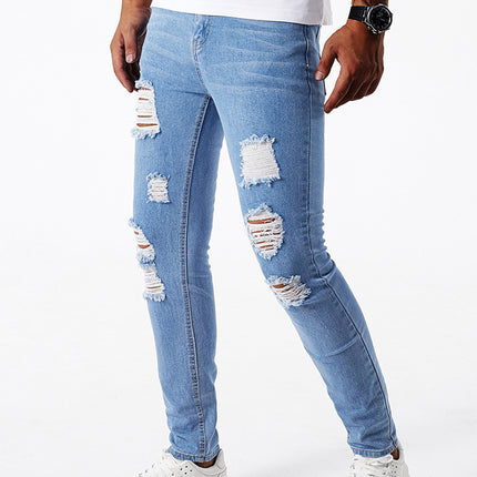 New American Style Trendy Ripped Light Blue Stretch Jeans Men's Pants Wholesale Zengcheng Xintang