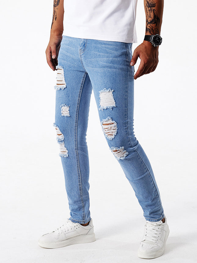 New American Style Trendy Ripped Light Blue Stretch Jeans Men's Pants Wholesale Zengcheng Xintang