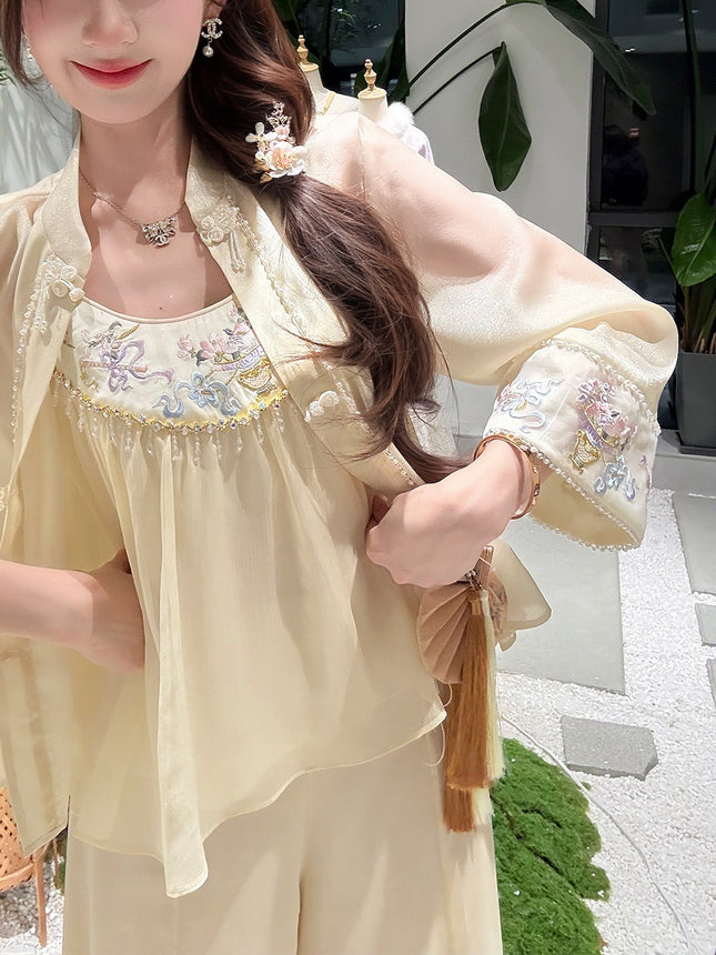 GA Ying Porcelain Cloud Yarn Sweet 2025 Spring/Summer Beautiful New Chinese Girl suit Small Embroidery Three-Piece Set
