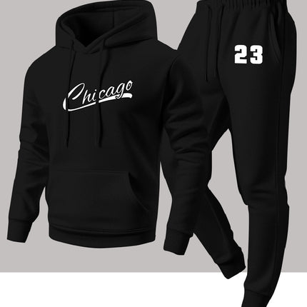 Cross-Border Autumn and Winter Men's Fashion Casual Two-Piece Set, Chicago Heat-Printed Hooded Sweatshirt and Sweatpants Set