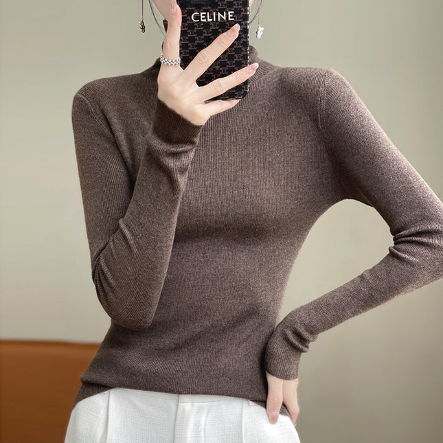 High collar autumn and winter Korean women's pile collar long sleeve knitted wool sweater women's inner pullover slim base shirt