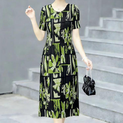 Miyake pleated 2025 summer new temperament round neck printed pleated skirt fashion waist thin magic dress
