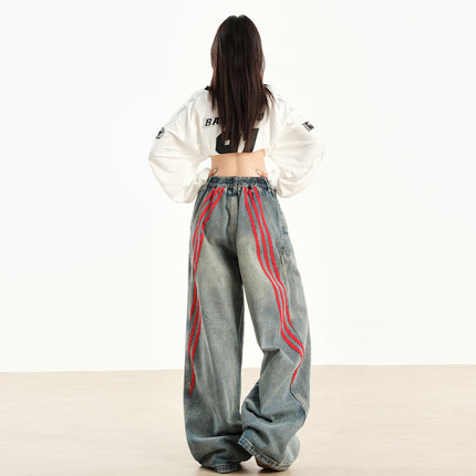 New American Style Retro Red Stitching Striped Jeans Women's Early Autumn New Loose Straight Wide Leg Pants