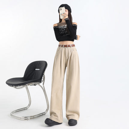 Korean Style Pleated Loose Wide Leg Jeans Women's 2024 Autumn New High Waist Drape Slimming All-match Straight Pants