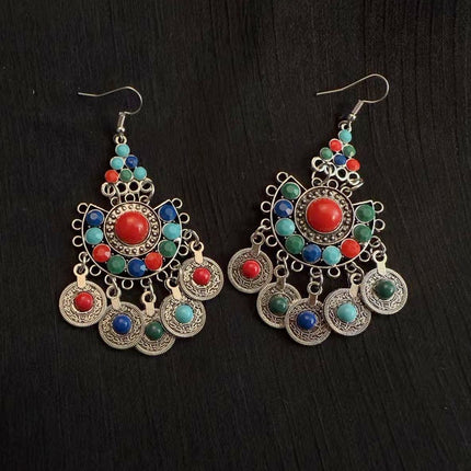 Bohemian Turquoise Earrings European and American Retro Owl Geometric Dreamcatcher Feather Tassel Earrings Women
