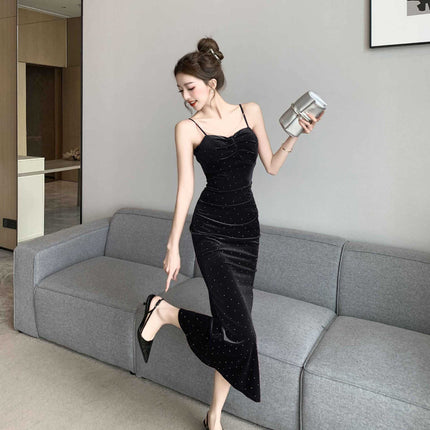 2160 autumn and winter socialite temperament gold velvet condole belt dress gypsophila rhinestone dress fishtail skirt slim dress